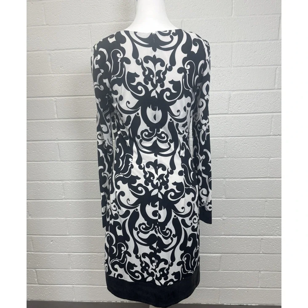 Caché Women's Dress Size 8 Black White Damask Print Sheath Long Sleeve Stretch 8